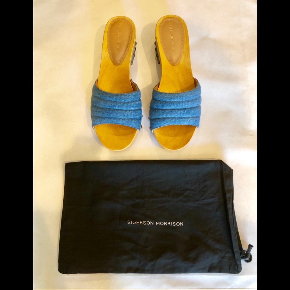 Sigerson Morrison Denim Wood Sandals Sz7.5 NEW⚡️ - Picture 2 of 6